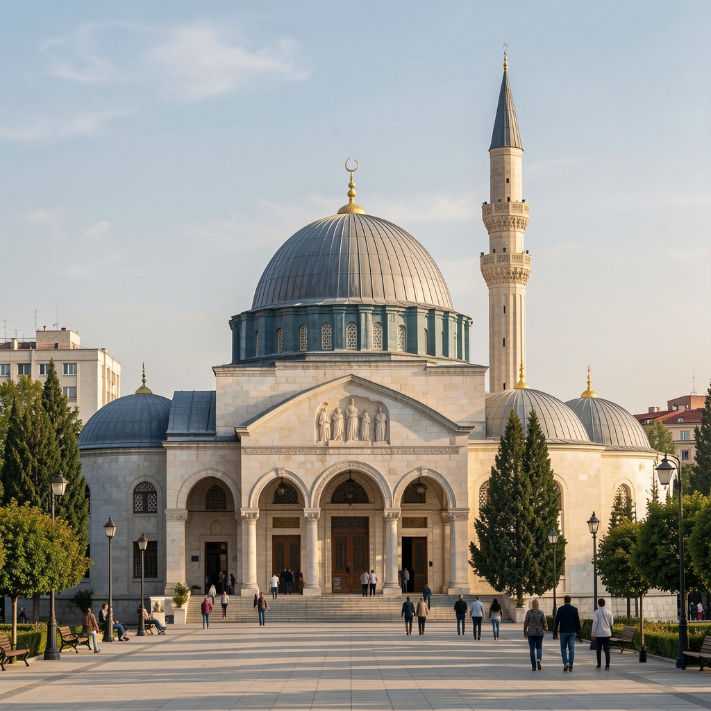 Cumhuriyet Mahallesi Ankara'da modern cam cepheli çok katlı ofis binasının dış görünüşü, önünde bakımlı yeşil alan, güneşli gün ışığında Türk bayrağı ile