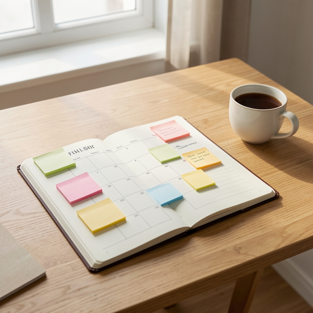 Temiz ahşap masada açık finansal planlama not defteri, renkli post-it notlar, 12 aylık takvim ve fincan kahve, doğal gün ışığı, minimalist çalışma ortamı