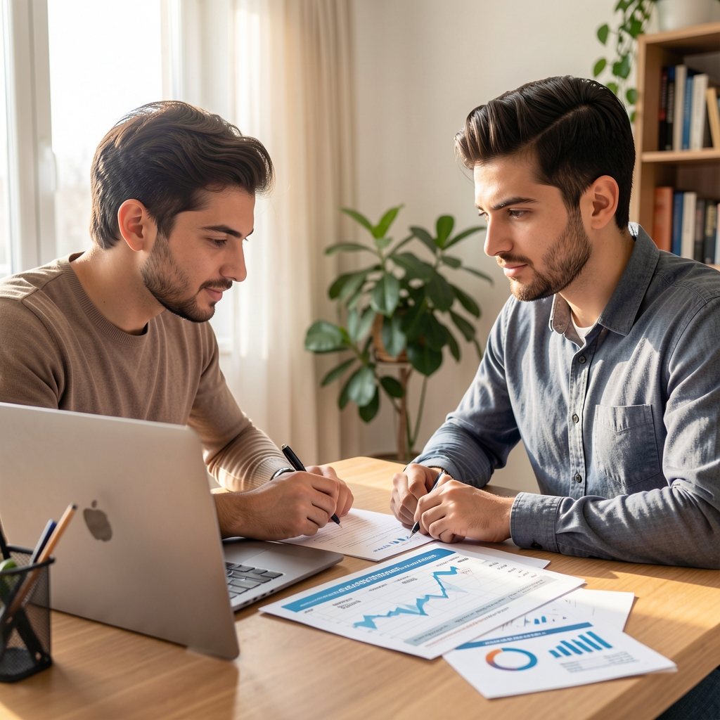 Aydınlık ev ortamında genç Türk çifti masa başında finansal planlama yapıyor, önlerinde laptop ve bütçe tablosu çıktısı, aile bütçesi analizi konsepti