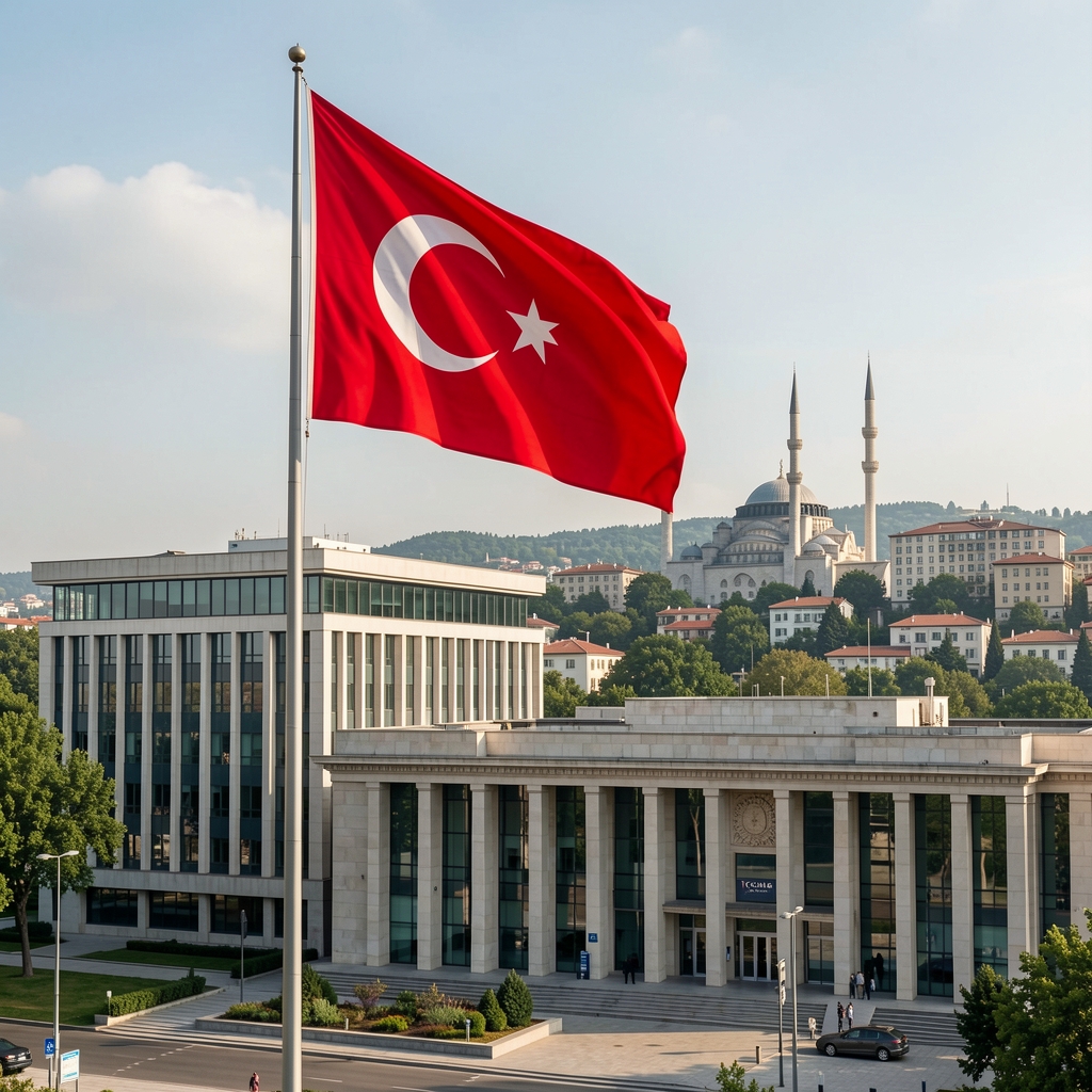 TCMB binası önünde Türkiye bayrağı, arka planda Ankara'nın modern iş dünyası yapıları, enflasyon ve para politikası haberi için profesyonel fotoğraf