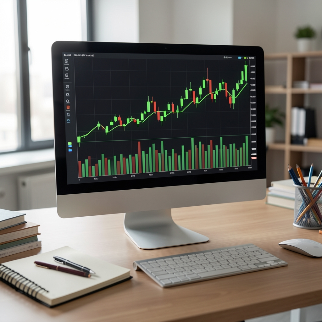 Bilgisayar ekranında artış gösteren yeşil çizgi grafiği ve finansal mum çubuk grafikleri, etrafında not defteri ve grafik kalemleri, analitik iş ortamı
